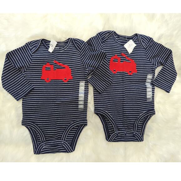 Carter's Firetruck long sleeve stripe onsies twins bundle Sz 3m New - Picture 1 of 3